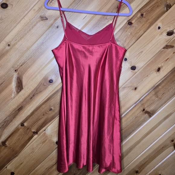 Vtg Delicates Sexy Red Satin Sheer Cowl Neck Short Slip Dress Large - Picture 4 of 7